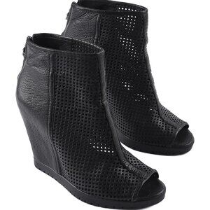 ASH Black Perforated Leather Open Peep Toe Booties Wedges Heels 8 (38.5)